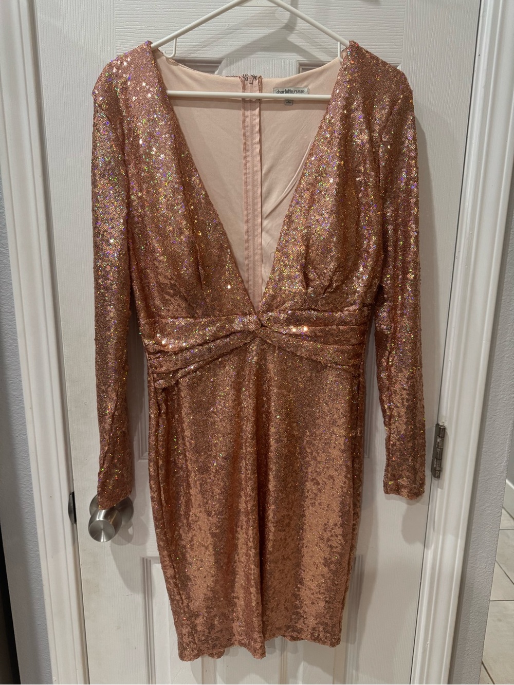 Charlotte Russe Rose Gold Sequin Long Sleeve V-Neck Dress